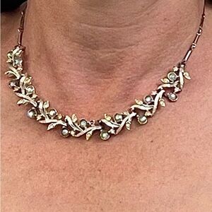 Vintage Silvertone Necklace with Intricate Detail and Aqua & Crystal Stones RARE